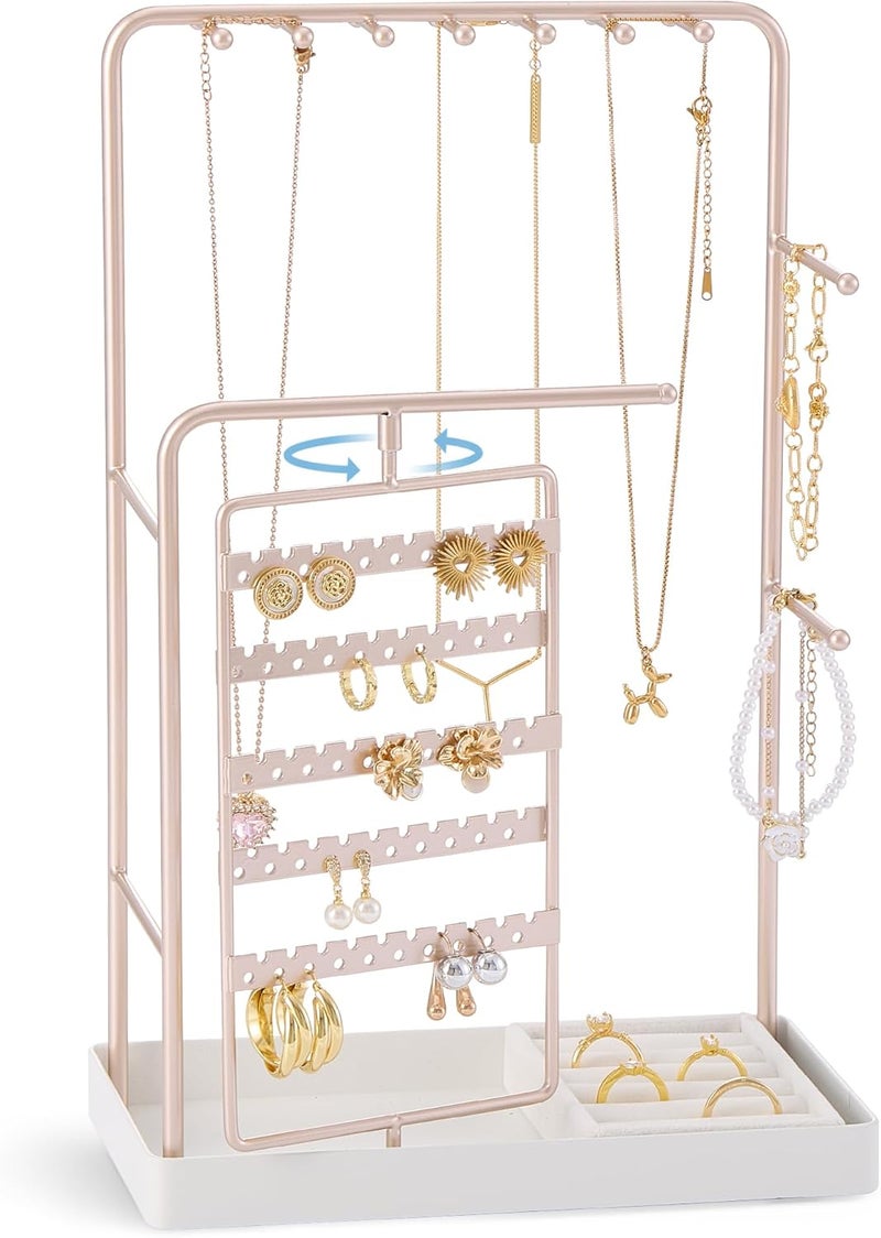 Procase Jewelry Stand Holder Organizer, Jewelry Display Storage with Ring Tray, No-Assembly Needed, Rotating Earring Bracelet Necklace Holder, Christmas Gifts Room Dorm Decor for Teen Girls -Champagne - Image 1